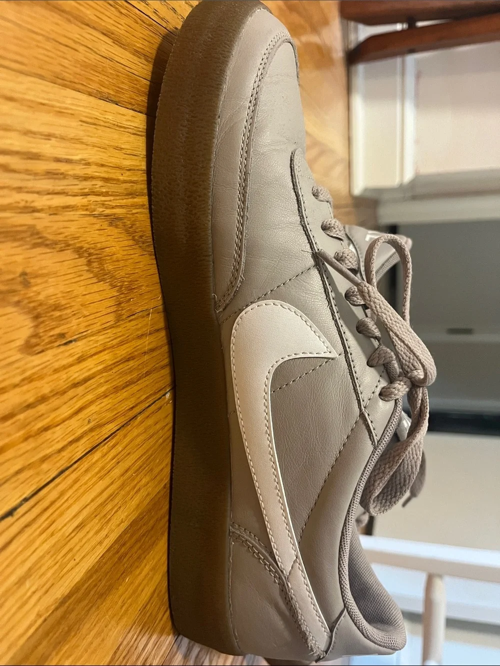 Nike Men’s Taupe Low-Top Sneakers with White Swoosh and Brown Gum Sole
